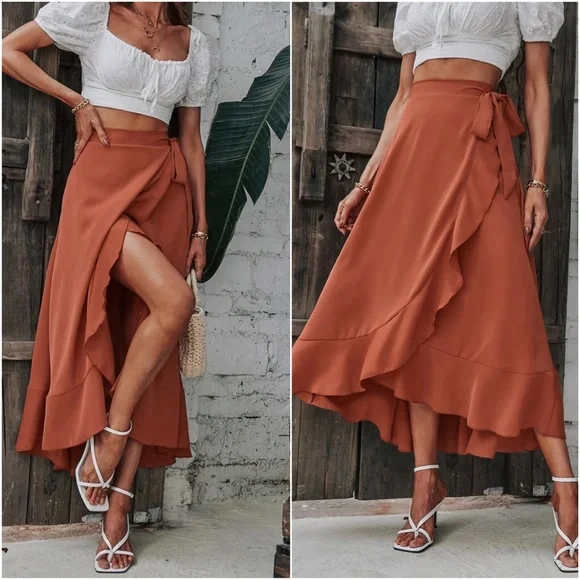 Boho Solid Ruffle Maxi Skirt - Picture 1 of 4